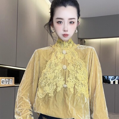 蕾丝拼接丝绒衫女款2025新款