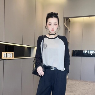 小衫 印花圆领插肩袖 洋气欧货潮时髦上衣潮 t恤女2025新款 拼色长袖