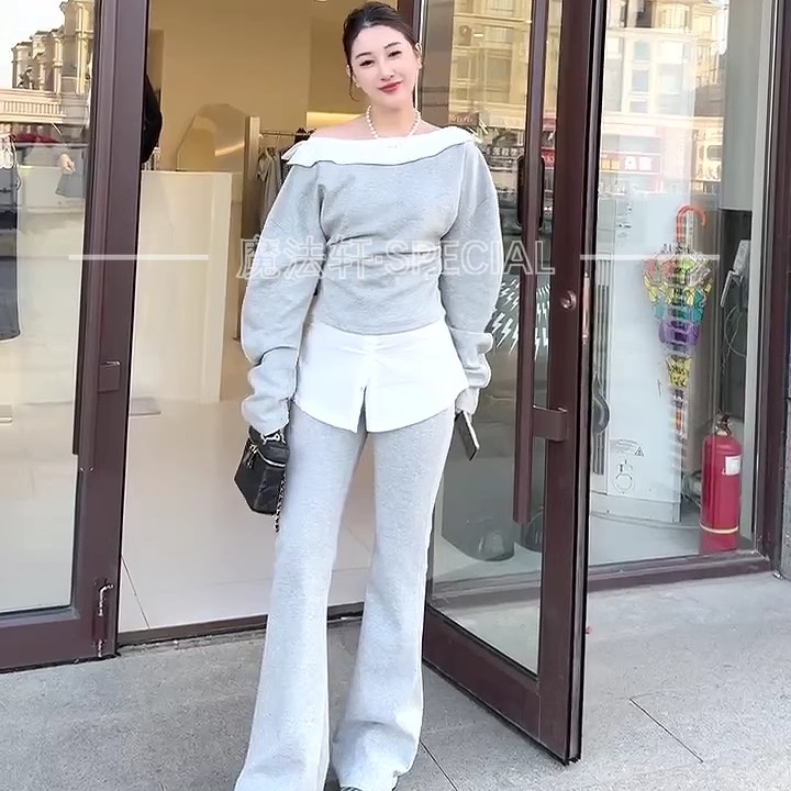 拼接上衣裤子套装女款2025春夏新款假两件卫衣+喇叭裤长裤两件套Q