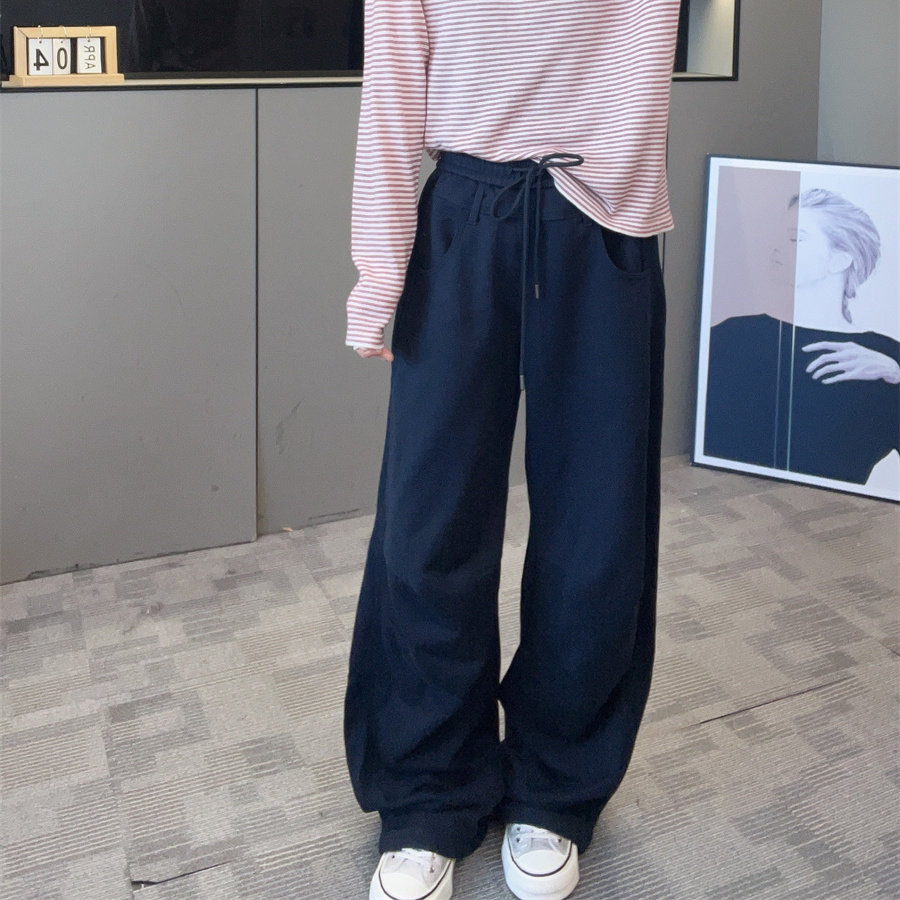 卫裤休闲裤女2026秋新款韩版系带松紧腰阔腿裤膝盖压褶长裤子欧货