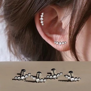 独特超闪弧形排钻钛钢耳钉女养耳洞平底螺丝拧睡觉免摘耳骨钉新款