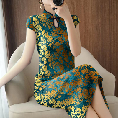 中长款改良旗袍连衣裙子夏新款简约印花内搭遮肚子高贵洋气中长裙