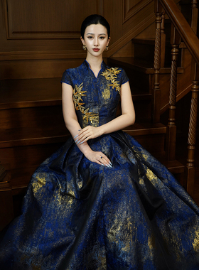 澄渔高定【凤栖金篁】新中式鎏金洒金珠绣刺绣法式宫廷大摆连衣裙
