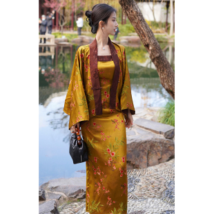 澄渔高定【一剪金蛰】新中式女装香云纱高端提花外套连衣裙套装