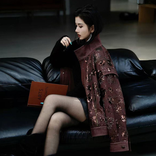 澄渔高定新中式檀褐珠片刺绣外套