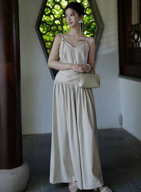 澄渔高定【倾心缟羽】新中式苎麻贡丝显瘦可调吊带高腰阔腿裤套装