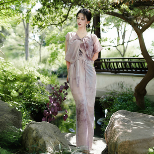 S级真丝竹麻粉紫晕染定染茧型连衣裙 新中式 澄渔高定 胭脂珮