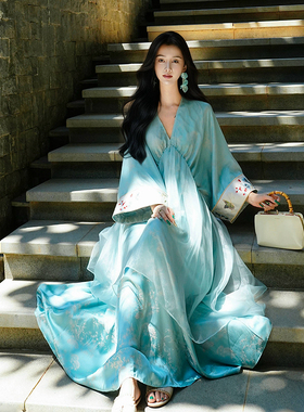 阚清子同款 新中式S级100真丝锦罗重工刺绣双层显瘦连衣裙