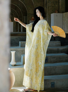 阚清子同款 栗玉琥珀 新中式重磅金缕珠绣鱼牙绸妆花缎吊带裙套装