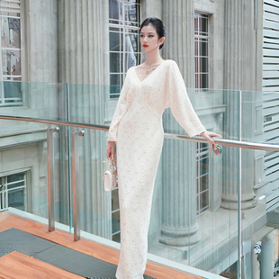澄渔高定【棠鹭】新中式天工云梭锦古法针织钉珠亮片礼服连衣裙
