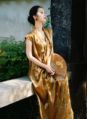 澄渔高定【金阙棠梨】新中式鼎级三醋酸压绉花枝烫鎏金显瘦连衣裙
