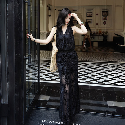 烧花新中式显瘦百搭鱼尾连衣裙