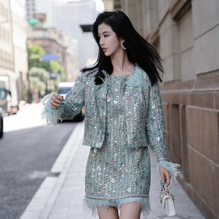 晶钻珠片鸵鸟毛花呢外套连衣裙套装 新中式 尊耀晶翡 澄渔高定