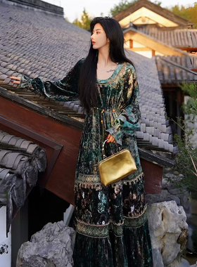 澄渔高定【麟羽惊鸿】新中式礼服级两色超重工丝绒珠片刺绣连衣裙