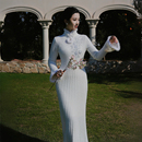 玉白盈粉美利奴羊毛水貂旗袍针织连衣裙 新中式 澄渔高定 洛神赋