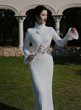 澄渔高定【洛神赋】新中式玉白盈粉美利奴羊毛水貂旗袍针织连衣裙