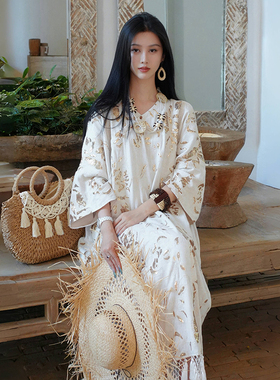 澄渔高定「栖鎏听风」新中式原胚真丝亚麻烫金刺绣亮片流苏连衣裙