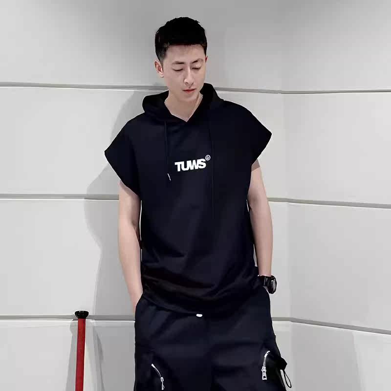 夏季薄款宽松透气运动帽衫男连帽t恤青少年无袖卫衣坎肩美式上衣