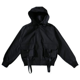 机能加厚棉服工装外套男潮秋冬宽松高街连帽飘带嘻哈棉袄冲锋衣服