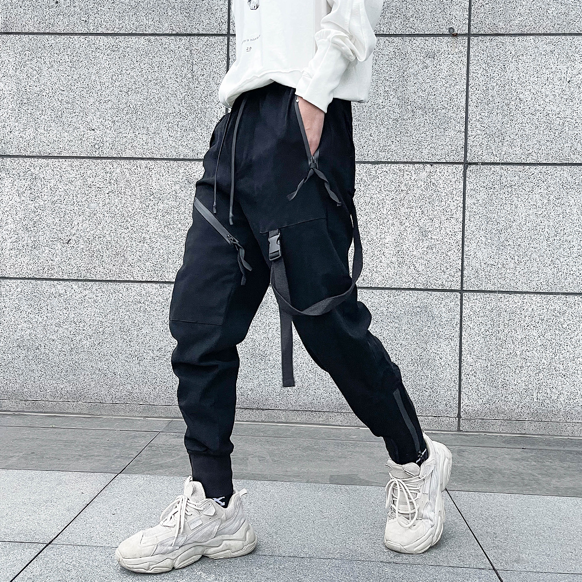 机能风拉链束脚工装裤男飘带