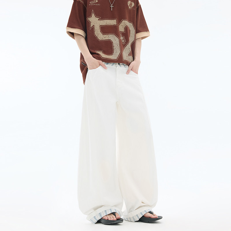 美式拼接格纹显瘦白色裤子男2025秋宽松直筒阔腿牛仔裤垂感拖地裤