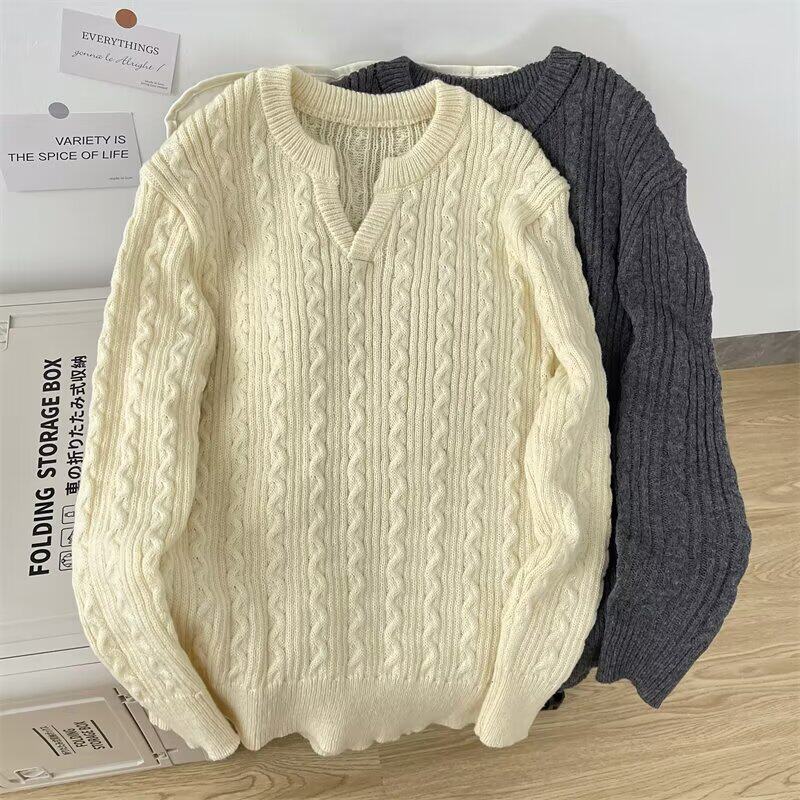 杏色麻花毛衣男款冬季美式慵懒高级感针织衫V领设计感内搭打底衫
