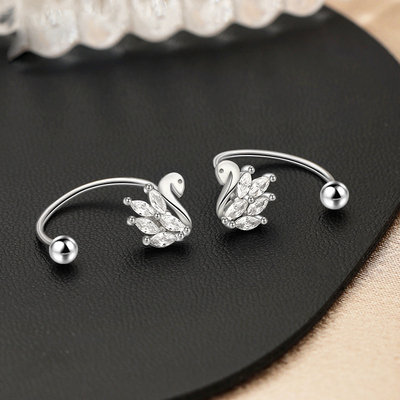 S999纯银螺丝拧小天鹅后挂式弯钩耳钉女微镶耳环睡觉免摘耳饰