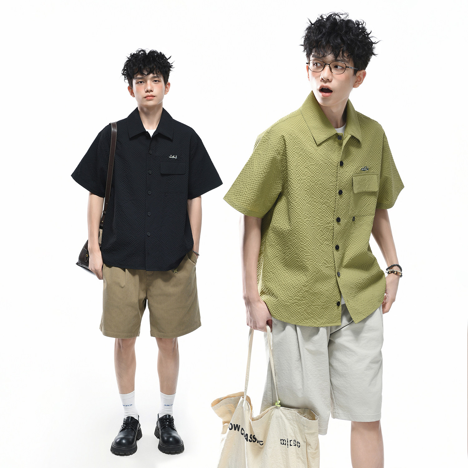 GOGOSOON 泡泡格105g轻薄 小众肌理感短袖衬衫男休闲飞机刺绣夏季图片