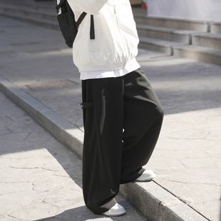 潮流 2026春秋380g黑色阔腿宽松垂感长裤 玉米格老钱风休闲裤 男新款