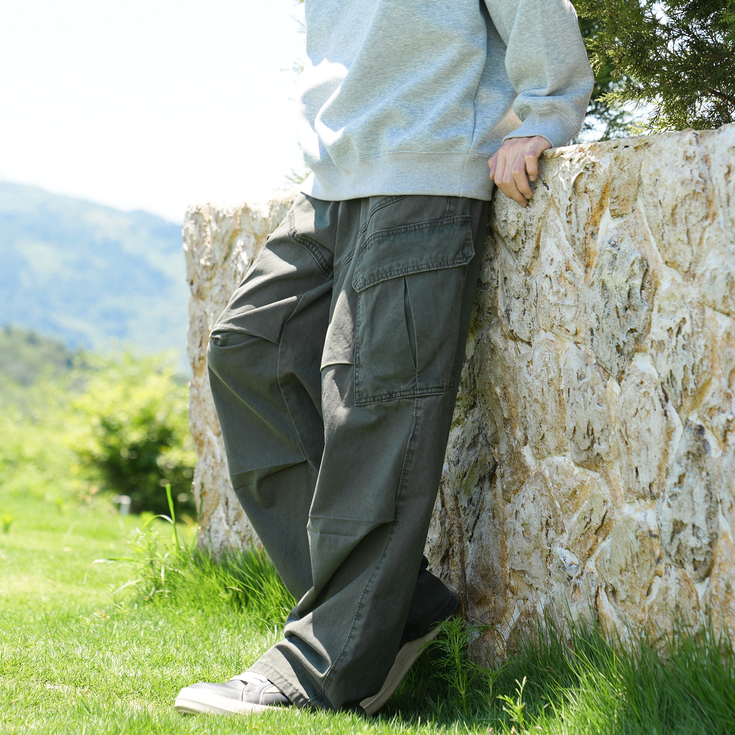 GOGOSOON工装裤男360g新款春秋全棉口袋伞兵褶直筒宽松休闲长裤潮