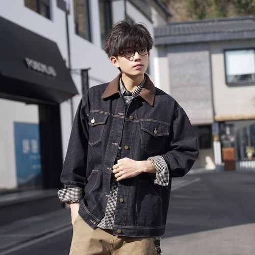 GOGOSOON工装牛仔外套男春秋美式复古灯芯绒翻领夹克拼色牛仔衣服
