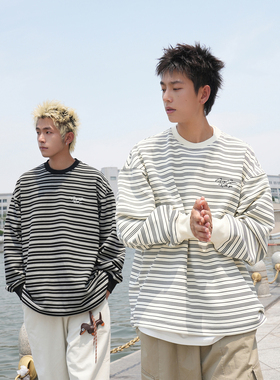 GOGOSOON条纹卫衣男390g新款春秋圆领休闲宽松签名体刺绣上衣Q