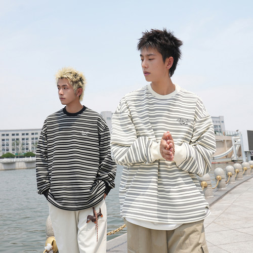 GOGOSOON条纹卫衣男390g新款春秋圆领休闲宽松签名体刺绣上衣Q