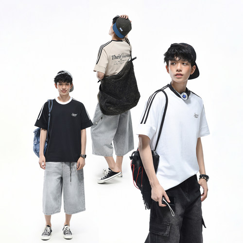GOGOSOON 罗马棉230g宽松短袖T恤男夏季美式复古运动撞色拼接领口