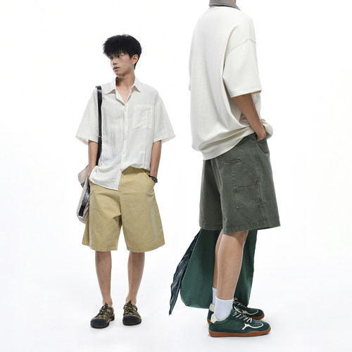 GOGOSOON 100%棉300g抗皱透气 仿牛仔肌理宽松直筒休闲短裤男夏季
