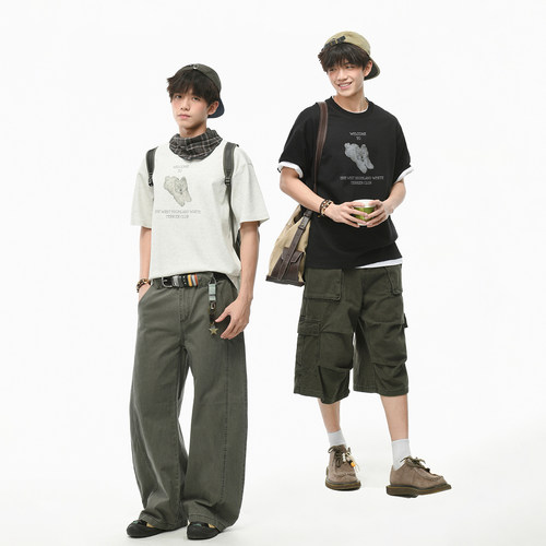 GOGOSOON 海岛棉230g 西高地小狗印花短袖T恤男宽松落肩半袖夏季