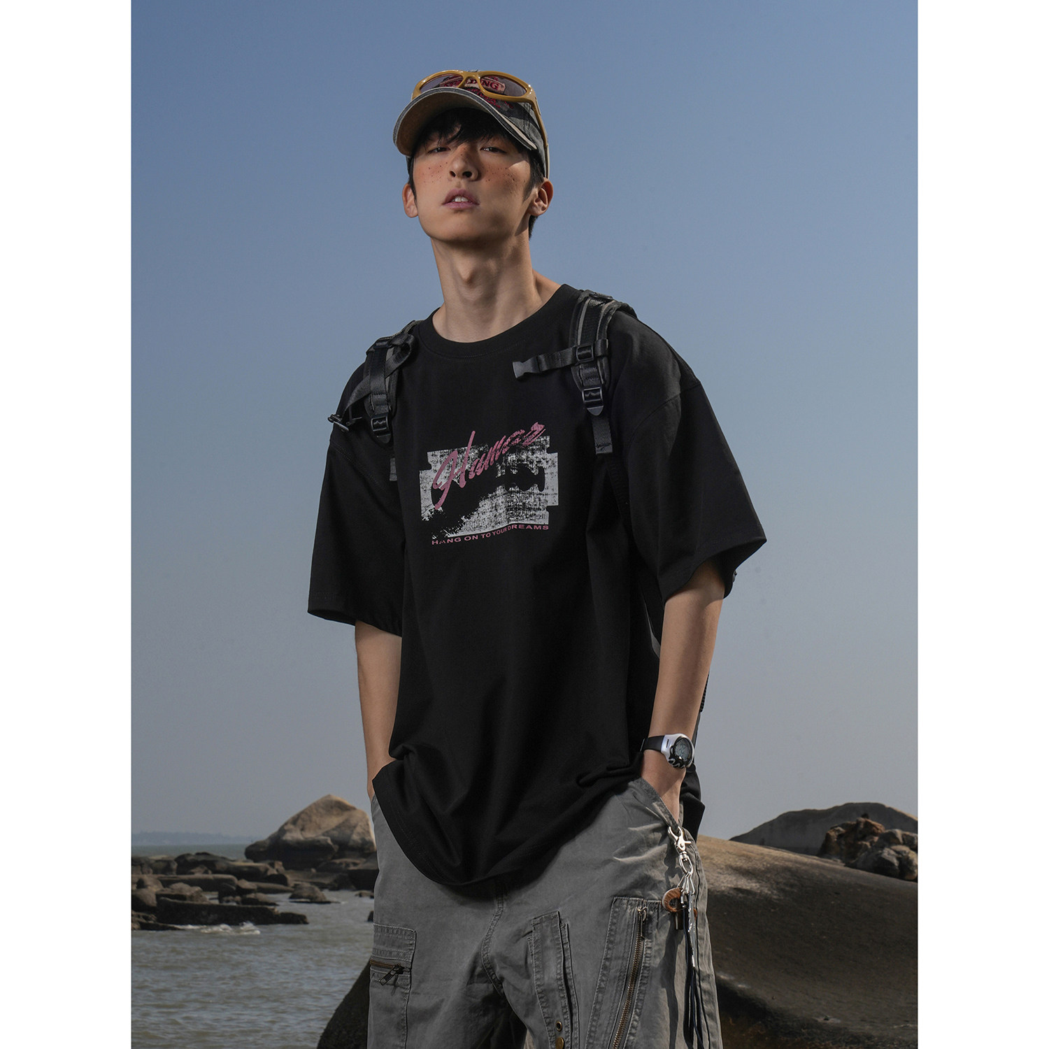 GOGOSOON短袖t恤男夏季新款上衣270g美式复古刀片纯棉双纱半袖