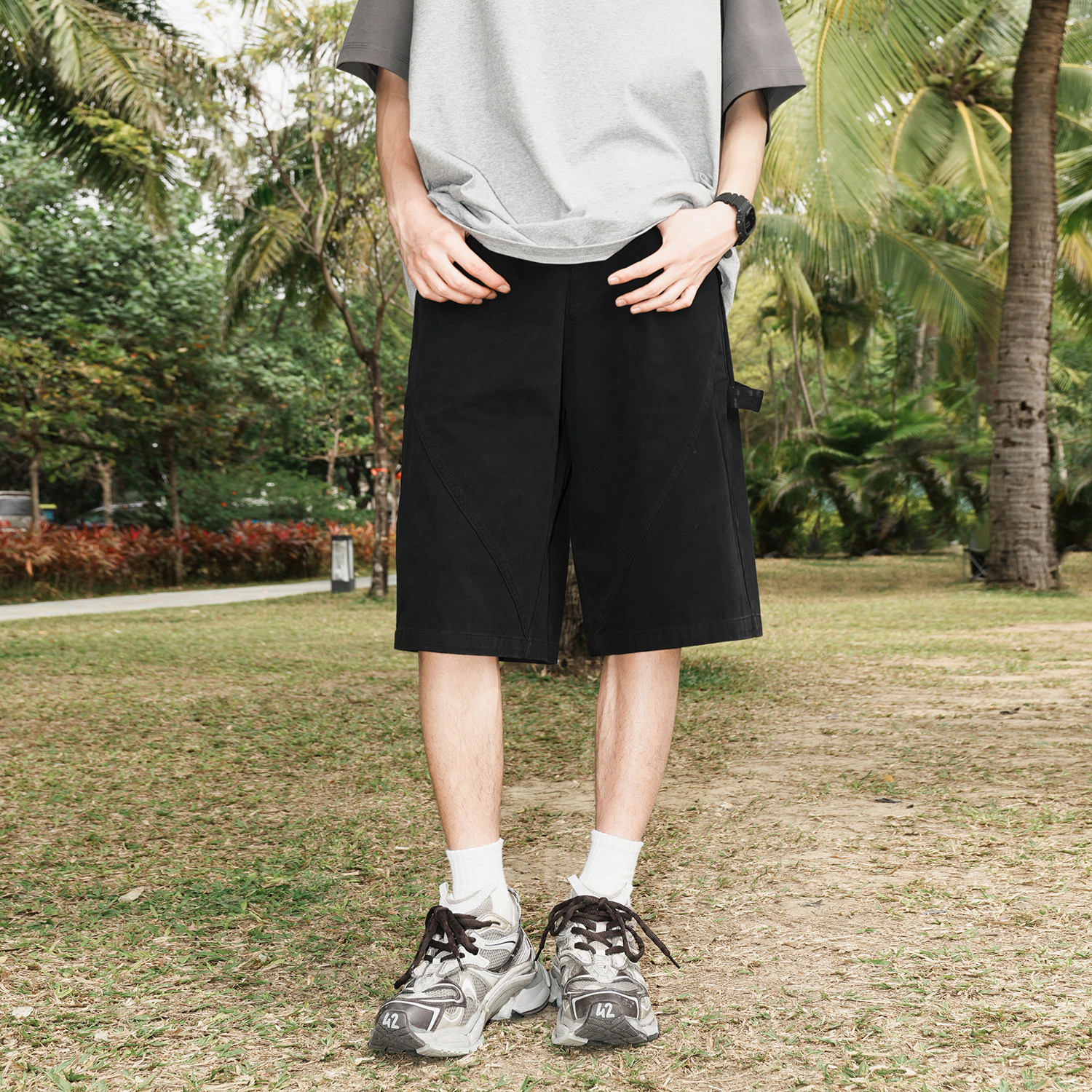 GOGOSOON 100%棉 工装立体廓形短裤男夏季直筒青少年休闲五分裤潮图片