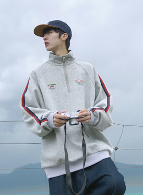 GOGOSOON加绒卫衣男新款2025秋冬半拉链青少年无帽polo立领美式厚