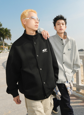 GOGOSOON春秋新款开衫卫衣400g男生单排扣青少年潮刺绣立领外套Q