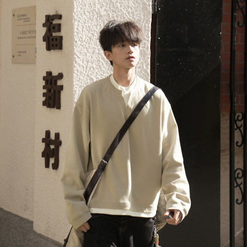 GOGOSOON 290g亲肤双面 假两件卫衣男春秋亨利领上衣长袖圆领无帽