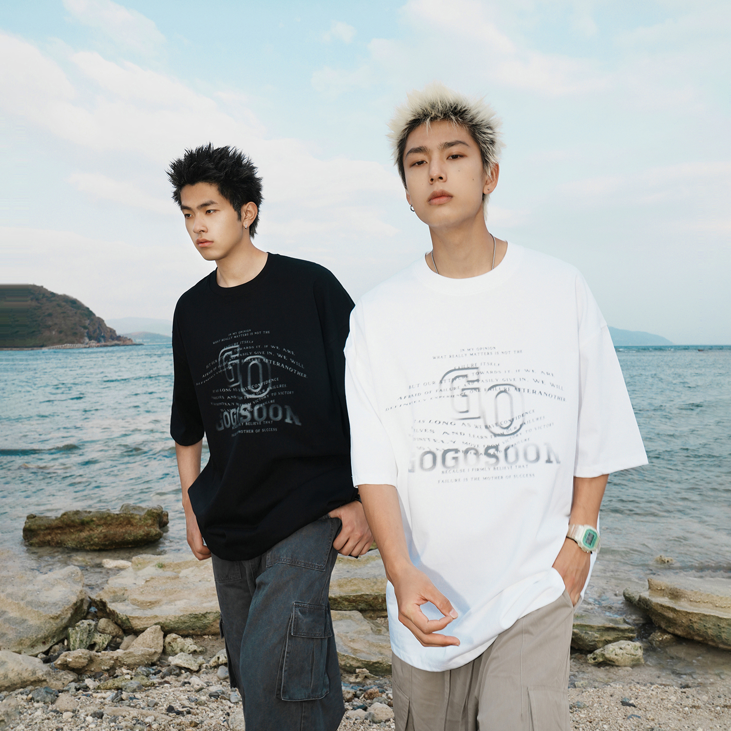 GOGOSOON夏季新款短袖T恤男300g潮流设计感渐变印花全棉宽松半袖Q