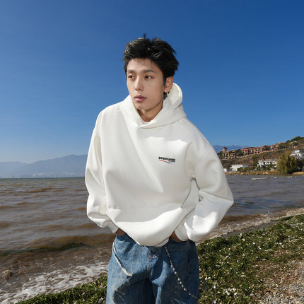 GOGOSOON男生白色套头连帽卫衣400g春秋新款青少年重磅宽松休闲Q