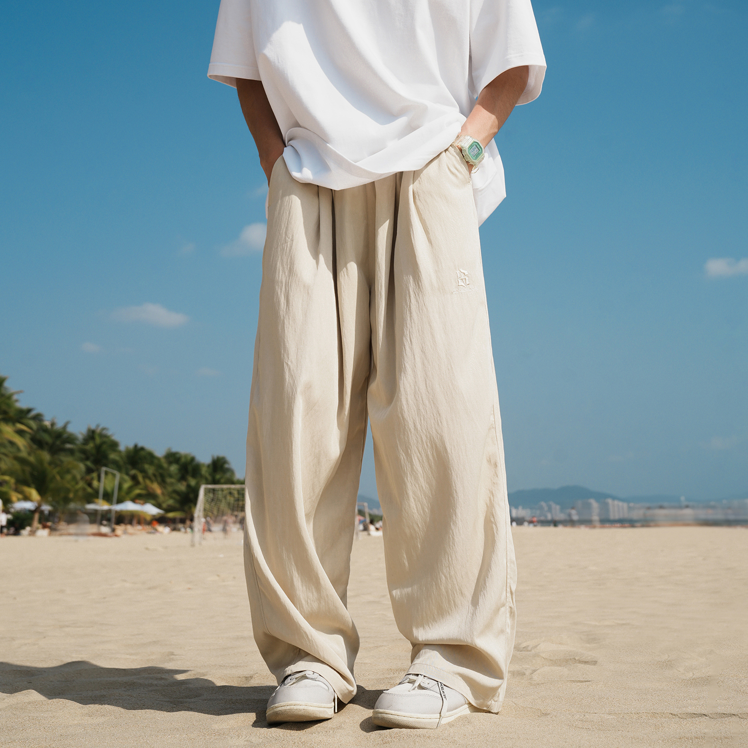 GOGOSOON夏季新款休闲裤184g男生日系垂感直筒浅卡其情侣宽松长裤