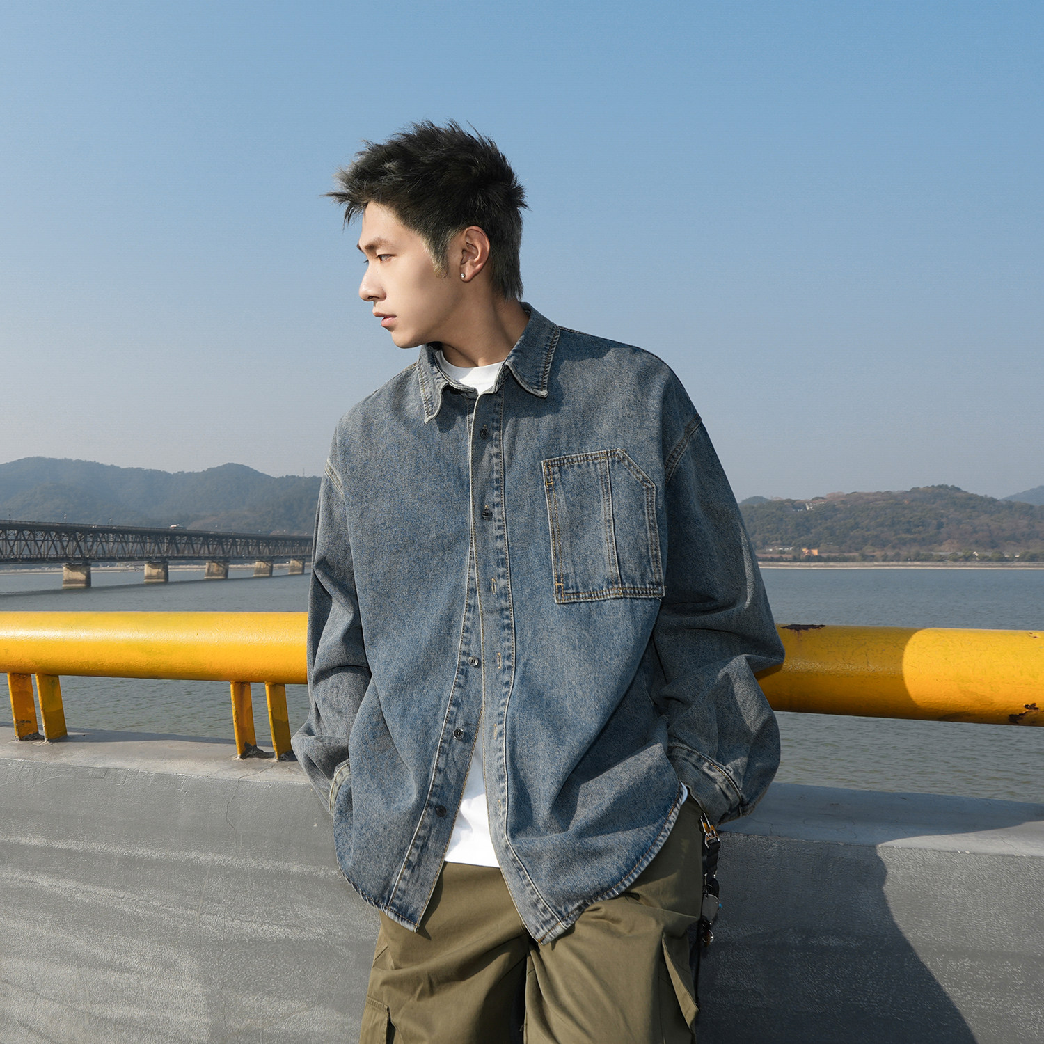 GOGOSOON男生浅蓝色翻领牛仔外套长袖衬衫春秋新款青少年280g宽松,男装,衬衫,淘宝优惠券,粉丝福利购,淘宝优惠卷