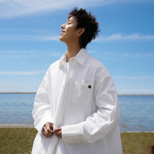 宽松慵懒风外套休闲少年感 春秋白色长袖 GOGOSOON衬衫 男2025新款