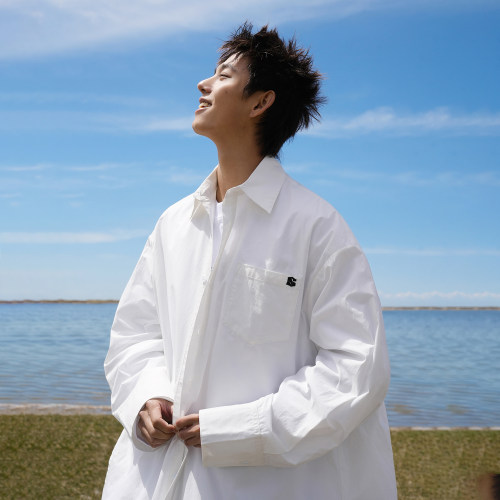 GOGOSOON 100%棉155g 宽松长袖衬衫男春秋松弛感休闲外套刺绣高级