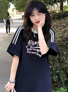 美式插肩三条杠短袖t恤女大童夏季爆款初中高中学生宽松半袖上衣