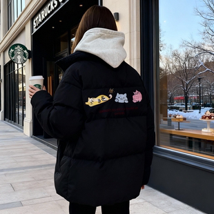 冬季羽绒棉服女大童小猫韩系棉衣宽松加厚初中高中学生面包服外套
