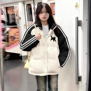 美式三条杠拼色羽绒棉衣少女新款冬季初中高中学生宽松加厚面包服
